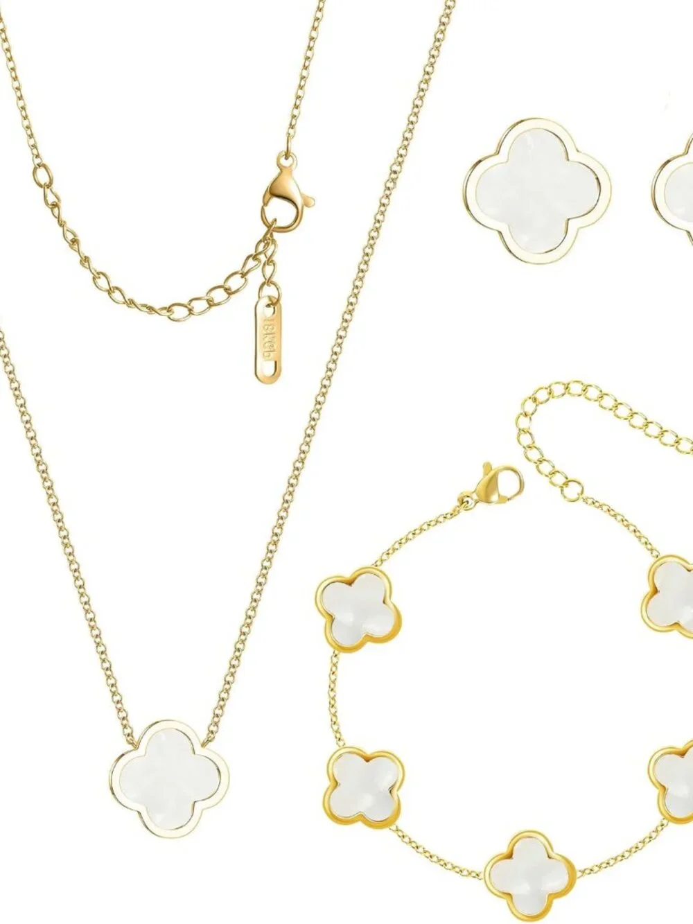 3 PC Set 18K Gold Plated Clover Necklace Bracelets Earrings Dainty Four Leaf Clo